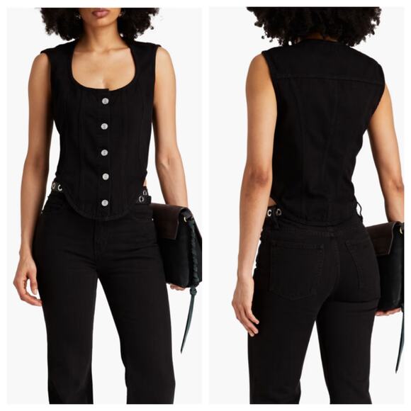 FRAME Black Denim Asymmetric Button Vest Top Sleeveless Sz 10 - Picture 1 of 10